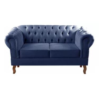 Imagem de Sofá Chesterfield 2 Lugares Dom Pedro Vintage Retrô Capitonê Suede Azul Marinho