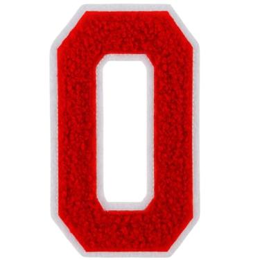 Imagem de 1 peça de patch de número de chenille vermelho de 10 cm, remendos de ferro para chapéus, roupas, bolsas, mochilas, jeans, par com remendos iniciais, letra grande universitária. (Vermelho 0)