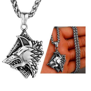 Imagem de Colar Corrente Pingente Lobo Viking Runas Fenrir Aço Cirúrgico Dog Tag