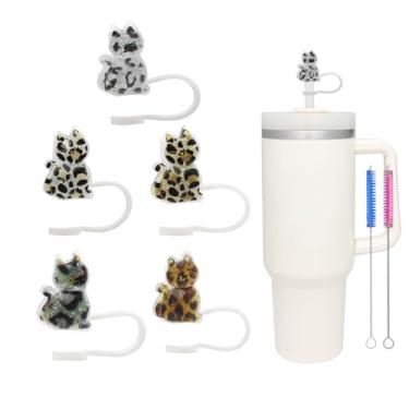 Imagem de 5 peças de tampas de palha de gato com glitter para copo Stanley, tampas de palha de silicone de 0,4 pol/10 mm compatíveis com copos Stanley de 30 e 1,134 g, tampas de canudo reutilizáveis