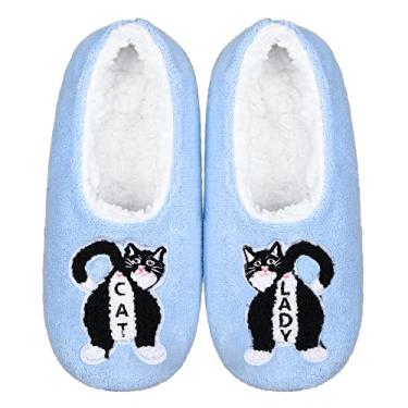 Imagem de ZYZX Chinelo de gato para mulheres, aconchegante, macio, quente, engraçado, fofo, antiderrapante, forro de lã de ovelha, meias felpudas para uso interno com pegas, chinelos para presentes, Azul 069 ml