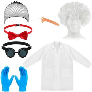 Imagem de JaGely Conjunto de 6 peças de fantasia de cientista maluco Halloween Crazy Cientista Louco Físico Fantasia de Médico Cosplay Artigos de Festa (boné careca)