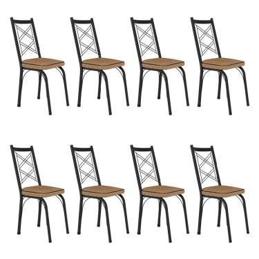 Imagem de Kit 8 Cadeiras de Cozinha Delaware Estampado Rattan Bege Pés de Ferro Preto - Pallazio