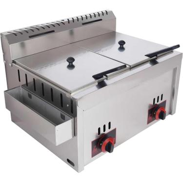Imagem de Fritadeira Comercial a Gás com Tanque de Temperos em Aço Inox - Profissional 10Lx2, Cozinha Eficiente - Ideal para Restauração Familiar - Inclui 2 Cestos para Batatas Fritas Comerciais