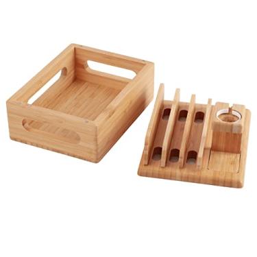 Imagem de Base de carregamento de bambu, estação de carregamento com orifício para cabo, versão fina para vários dispositivos para tablets eletrônicos, smartphones e telefones celulares