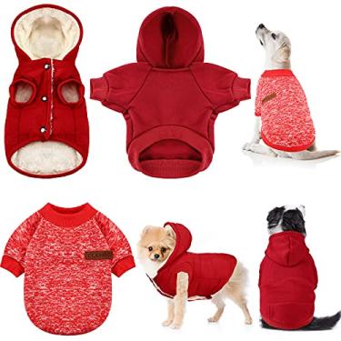 Imagem de 3 peças de roupas para cães de estimação de tricô de lã quente para cães de inverno moletom moletom com capuz suéter de inverno para cachorro pequeno jaqueta com capuz casaco para filhotes de cachorro macio espessante camisa para cães, vermelho (grande)
