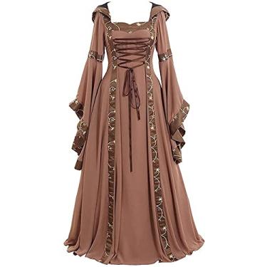 Imagem de STIOEDYUAN Women Renaissance Medieval Dress Irish Hooded Vintage Gothic Fairy Ball Gown Chemise Lace Up Long Flared Sleeve Dress Party (Khaki, Large)
