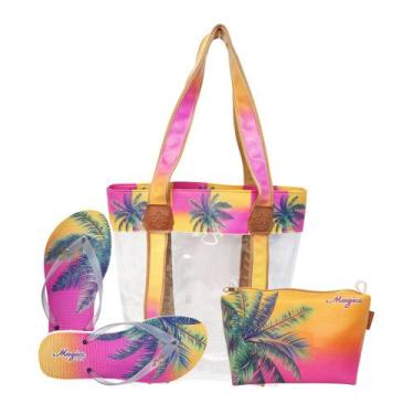 Imagem de Kit Feminino Praia Transparente Coqueiro Bolsa Chinelo Necessaire Magi
