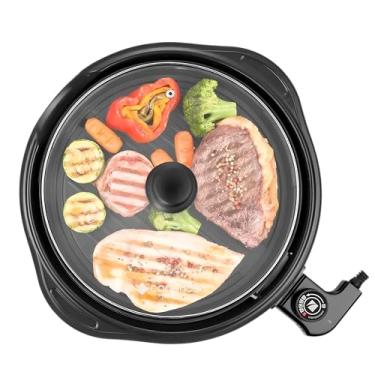 Imagem de Grill Elétrico Redondo Premium, Preto, Antiaderente, Com Tampa de Vidro, Temperatura Ajustável, Base Coletora de Gordura, Ideal para Grelhar, Fritar e Assar, 220V
