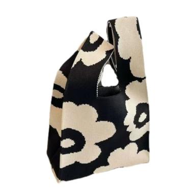 Imagem de Bolsa listrada preta e branca com nó de malha mini sacola de lona, Floral, Small