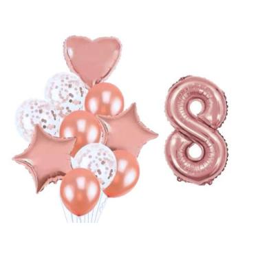 Imagem de Buque 10 Balões  Coração Estrela e 1 Número Metalizado Rose Gold 70cm 