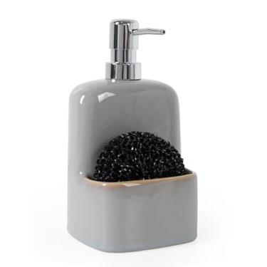 Imagem de INGOFIN Dispensador de sabão de cerâmica com suporte de esponja - Conjunto de garrafa de sabão e esponja recarregável de cozinha 2 em 1 para pia de cozinha e banheiro, cinza