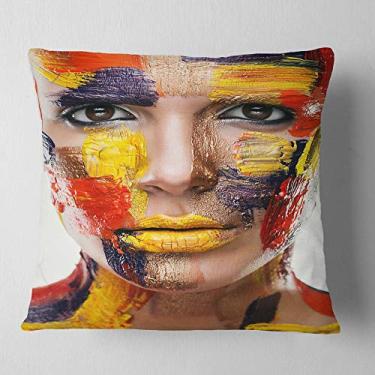 Imagem de Designart Manta contemporânea feminina com rosto colorido, sala de estar, sofá, almofada de alta qualidade + capa de almofada impressa em ambos os lados 66 x 66 cm
