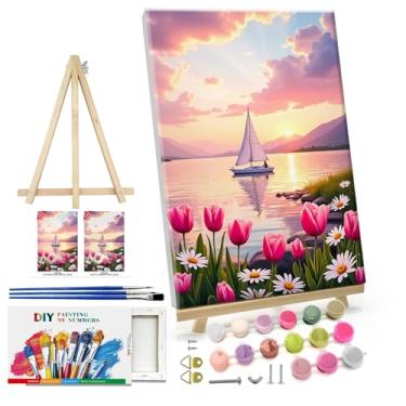 Imagem de ATDMS Kit de pintura por números para adultos, pintura de flores por número, com moldura, veleiro por número, com cavalete pôr do sol, kits de pintura por número, tela emoldurada para presente