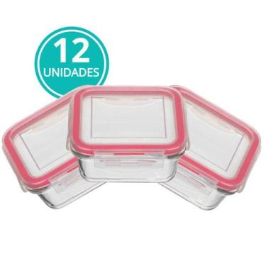 Imagem de Kit 12 Pote Vidro 520ml Hermético 4 Travas Marmita Fit Tampa - CASAMBI