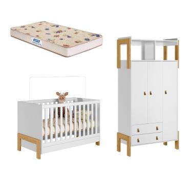 Imagem de Quarto de Bebê Berço mini cama e Guarda-Roupa 3 portas 2 Gavetas Fantasia Qmovi e Colchão Gazin