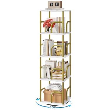 Imagem de IBUYEK Estante giratória quadrada de 5 camadas, torre giratória, estante alta de giro vertical de 360°, organizador de armazenamento de canto giratório para quarto, sala de estar, branco, UTBC004GW