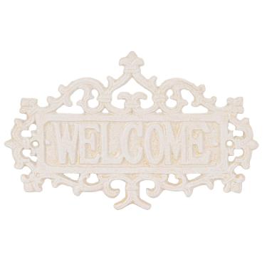 Imagem de Sungmor Placa de boas-vindas de ferro fundido – Placa decorativa de parede estilo vintage – Design de pergaminho ornamentado para varanda, entrada, jardim ou cerca – Placa para pendurar na parede ao