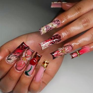Imagem de 24 peças de unhas postiças quadradas longas com ponta francesa desenhos de flor cerejeira unhas falsas outono strass dourado artificial reutilizável cobertura completa em unhas para mulheres meninas