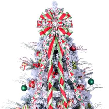 Imagem de Enfeite de árvore de Natal, arco de guirlanda, grande, verde, enfeite de árvore de Natal, 132 x 33 cm, vermelho e verde, laços de presente estampados para Natal, casa, casamento, ação de graças