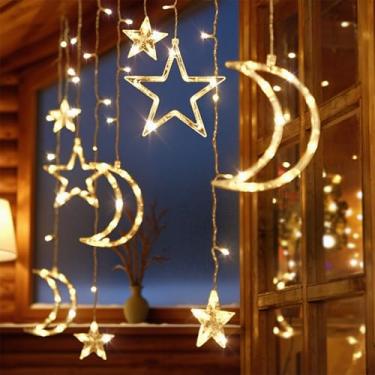Imagem de Luzes de cortina para decoração de lua e estrelas, cordão de 3,5 m para quarto, Natal, decoração do Ramadã, luz LED cintilante de fada, funciona a bateria ou plugue USB
