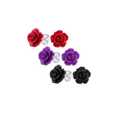 Imagem de Brincos românticos delicados rosa azul amarelo verde preto roxo branco vermelho floral florescendo 3D esculpido 10 mm rosa flor brincos para mulheres adolescentes leves, One Size, Resina Metal, Sem