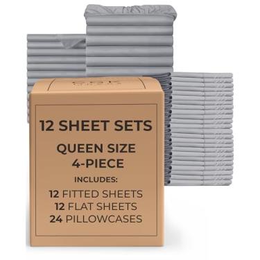 Imagem de Pacote com 12 conjuntos de lençóis - (12) conjuntos completos de lençóis Queen Size com bolsos profundos - Roupa de cama a granel para hotéis, spas e Airbnbs - respirável, refrescante e sem rugas