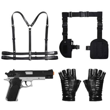 Imagem de JcHrmers 4 peças de coldres de coxa de Halloween, acessórios de fantasia para mulheres, punk, preto, couro, cinto, cinto e cinto para pistolas, luvas de couro, conjunto de policial swat para cosplay