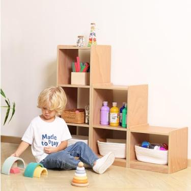 Imagem de Armário de armazenamento modular de 3 peças, prateleira de canto reversível em forma de L com mais de 6 cubos, organizador independente de madeira de 4 camadas para quarto de crianças e escritório em