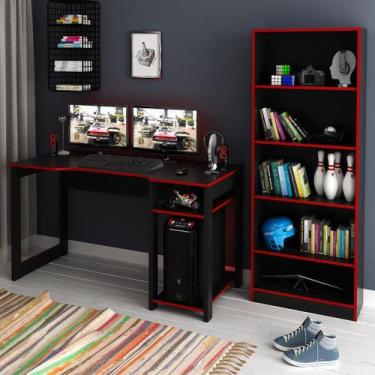 Imagem de Conjunto de Escritório com Estante, Mesa Gamer 136cm com 2 Prateleiras