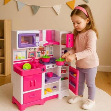 Imagem de Cozinha Infantil Rosa Fogão Geladeira Pia Armário Microondas Brinquedo