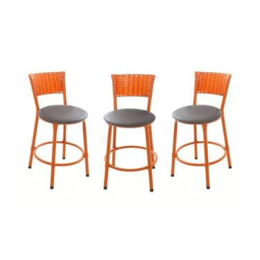 Imagem de KIT 3 Banqueta Baixa Encapada Junco IMBUIA Bar Bistro Americana Cozinh