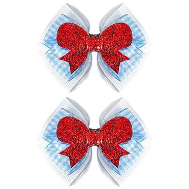Imagem de 2 peças de laços de cabelo guingão vermelho e glitter azul para meninas, grampos de cabelo brilhantes para fantasia para Halloween, brincadeiras escolares, acessórios de fantasia ou tema de livro de