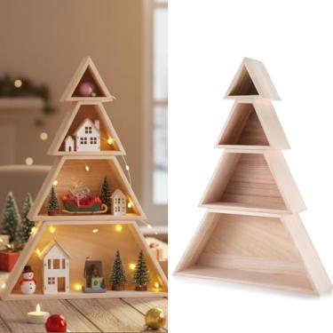 Imagem de AceOrbit Prateleira grande de madeira para exibição de árvore de Natal de 4 andares, cerca de 142 x 40 x 10 cm. Prateleiras de escada em forma de árvore para decoração de inverno e Natal, peça central
