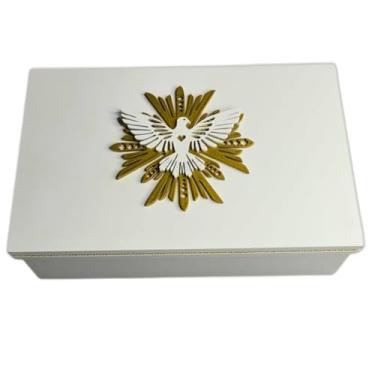 Imagem de Caixa Especial Branca/Dourada Fé Cristã Batizado Crisma Pomba Espirito Santo (31x19,5x9)