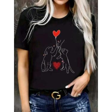 Imagem de Camiseta Feminia Estampada Cachorro e Gato Casual - Madamê LÔ, Preto, 