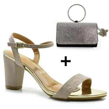 Imagem de Kit Sandália Vizzano Salto Bloco Dourada e Bolsa Festa Preta, Dourado,