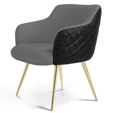 Imagem de Poltrona Decorativa Pés Palitos D'Ouro Jade D02 Linho Cinza C-416 Tressê Corano Preto - Lyam Decor