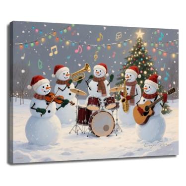 Imagem de EUROPICART Banda musical de boneco de neve arte de parede em tela de férias de inverno, cena festiva de Natal com bonecos de neve tocando instrumentos, 38 x 30 cm