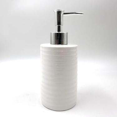 Imagem de Frasco Porta Sabonete Liquido 350ml Ceramica Branca Redondo Válvula Prata para Banheiro(KB3101)