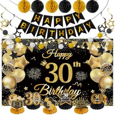 Imagem de Faixa de decoração de festa de aniversário para 30/40/50/60 (preto e dourado, aniversário de 30 anos)