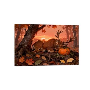 Imagem de Quadro arte parede outono-Árvore abóbora veado dormindo Impressões em tela paisagens-Pintura animais para decoração sala estar 20x30cm Tela Embrulhada