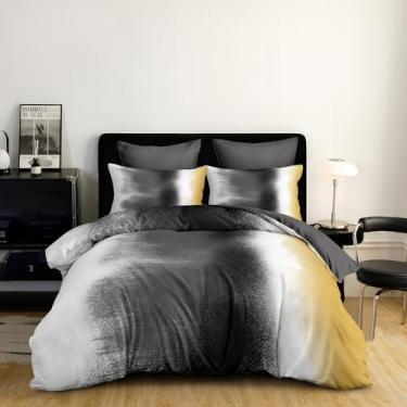 Imagem de CCoutueChen Conjunto de edredom queen gradiente, conjunto de cama de mármore tie-dye cinza amarelo com 2 fronhas, conjunto de cama acolchoada de microfibra macia de 3 peças para todas as estações/90 x