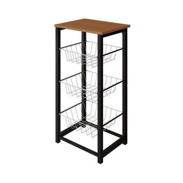 Imagem de Fruteira De Chão Cozinha Desmontada Aço Preto Cesto Branco Tampo Canela Madri - Cor: Marrom