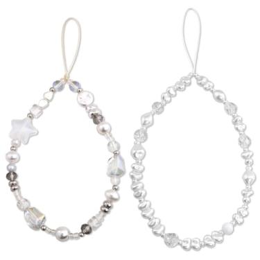 Imagem de WEHBVF Alça de telefone com contas para câmera de pulso fofa bolsa de cordão de telefone berloques alças para câmera digital chaveiro de pulso acessórios para câmeras 2 peças pingente de pérola