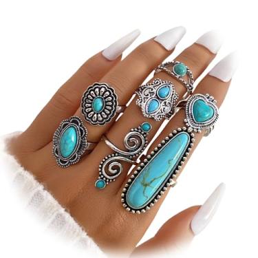 Imagem de ZOVOLI Conjunto de 7 anéis empilháveis de prata para mulheres, vintage, antigo, prata, para mulheres, imitação de turquesa, boêmio, joias modernas, presentes, Metal Metal Turquesa sintética, Sem pedra