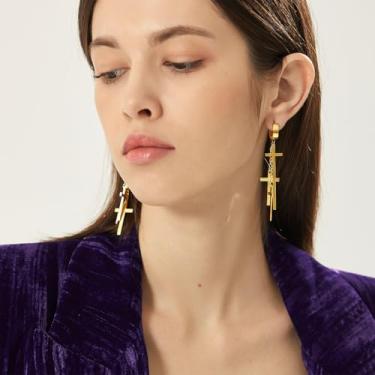 Imagem de Brincos de gancho para mulheres, homens, aço inoxidável, três cruzes, pingentes, brincos, One Size, Aço inoxidável, Sem pedra preciosa