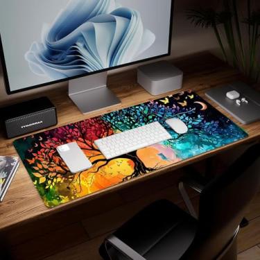 Imagem de Tapete de mesa de árvore de couro, mouse pad de arte colorida grande teclado de computador para jogos mousepad à prova d'água protetor e capa de mesa, tapete de mouse decorativo de couro PU para