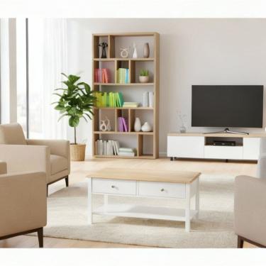 Imagem de Mesa de Centro 2 Gavetas 100cm Tampo de Madeira Maciça Louise Branco / Mel