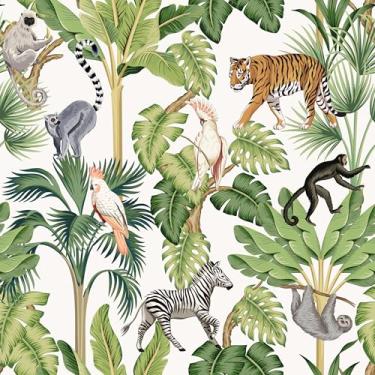 Imagem de EaseStick Papel de parede floresta tropical descasque e cole zebra tigre animal selva papel de parede para berçário quarto de crianças 45 x 406 cm papel de parede de palmeira pré-colado mural papel de